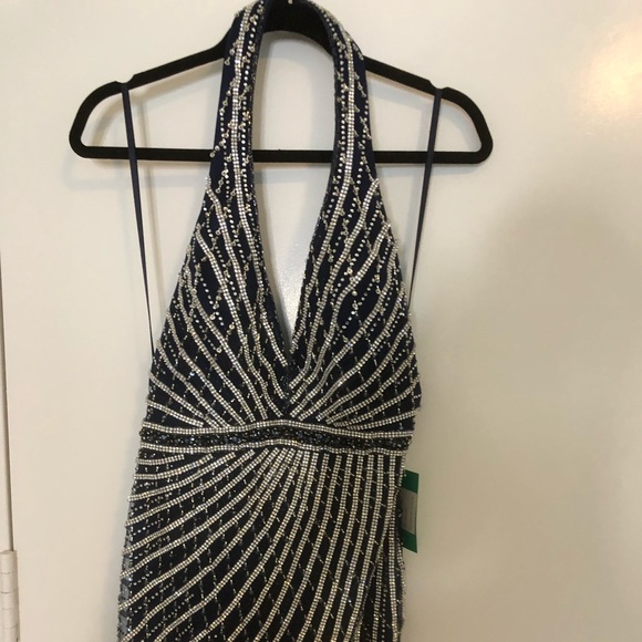 Navy Sequin Halter Mermaid Evening Gown - Picture 3 of 6